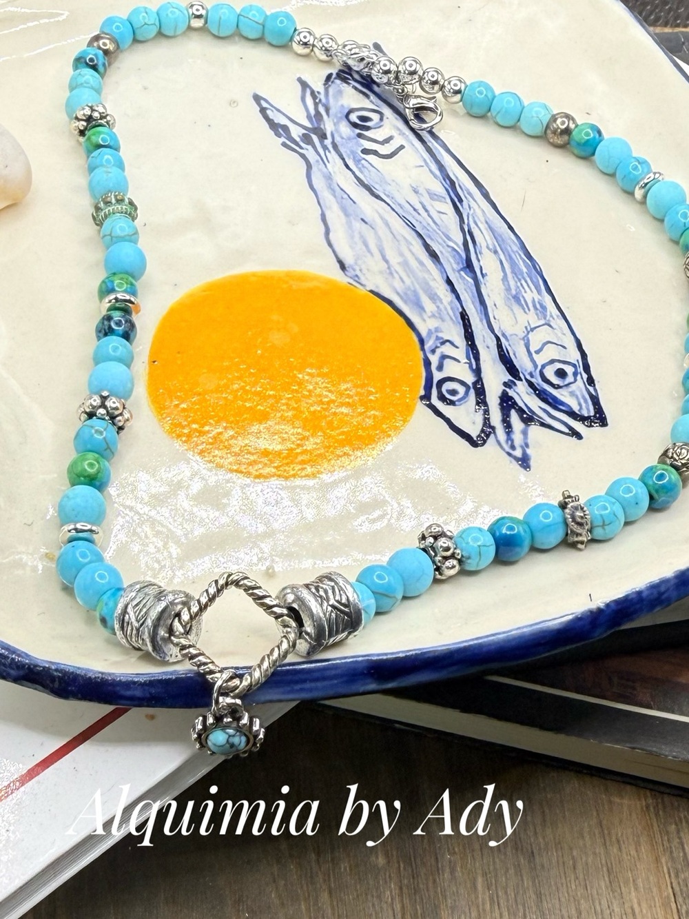 Tiny sun beaded silver and Turquoise Necklace